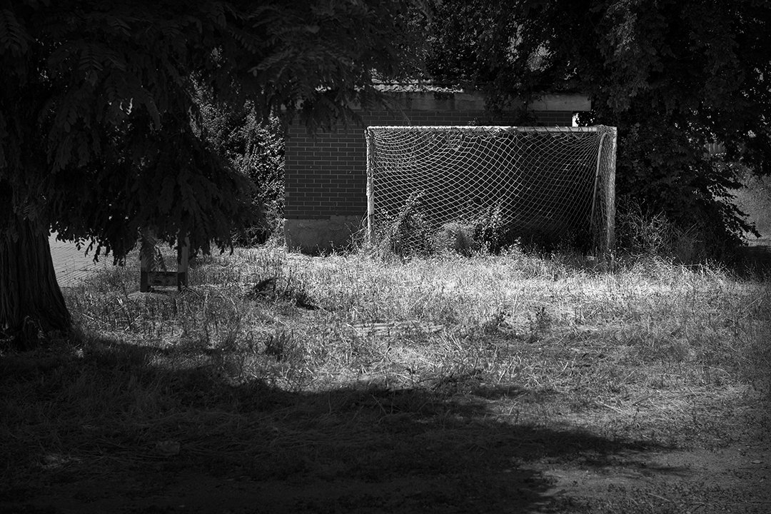 An empty goal among grass and trees.
